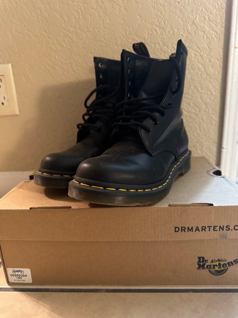 Dr. Martens Black Leather Lace-Up Boots with Yellow Stitching